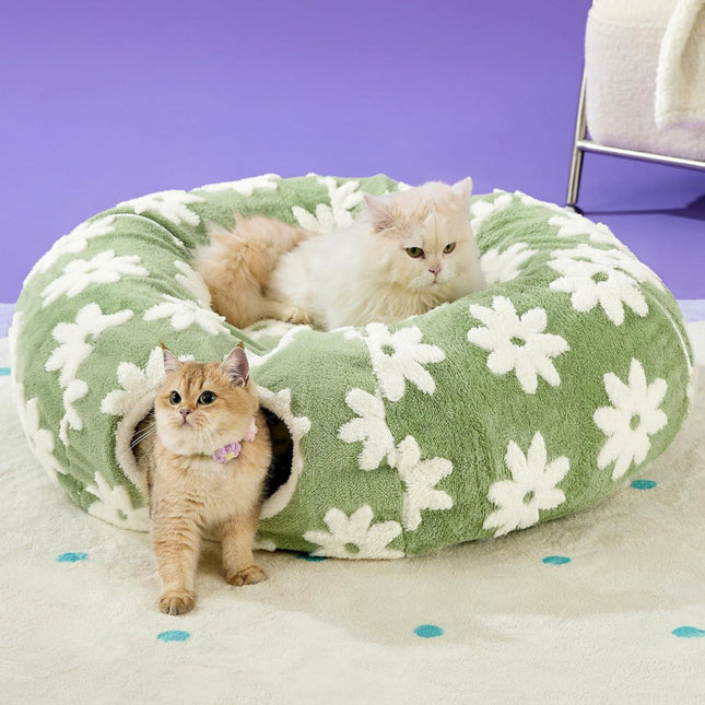 2-In-1 Cat Tunnel Bed Green Daisy 80cm
