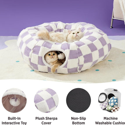 2-in-1 Cat Tunnel Bed Green Daisy 80cm - Plush Donut Pet Cave & Play Tube - Detachable Washable Cushion & Interactive Hanging Toy for Indoor Cats