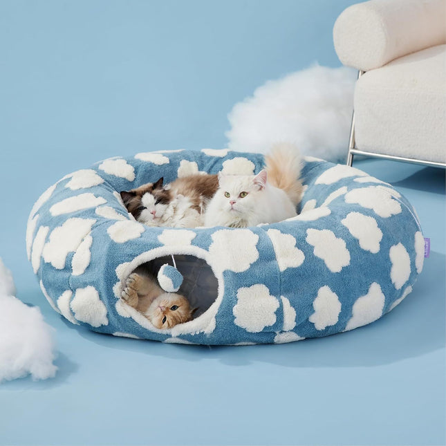 2-In-1 Cat Tunnel Bed Blue Daisy 80cm