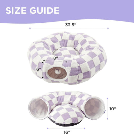 2-in-1 Cat Tunnel Bed Blue Daisy 80cm - Plush Donut Pet Cave & Play Tube - Detachable Washable Cushion & Interactive Hanging Toy for Indoor Cats