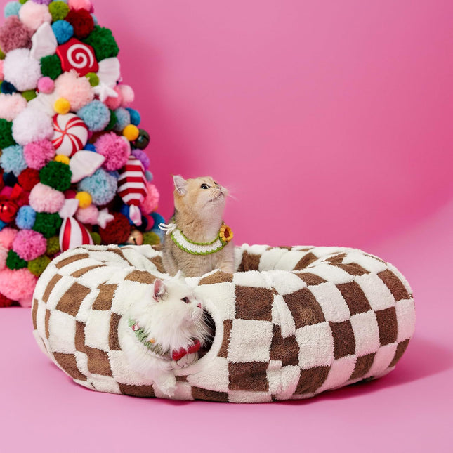 2-In-1 Cat Tunnel Bed Coffee Brown Daisy 80cm