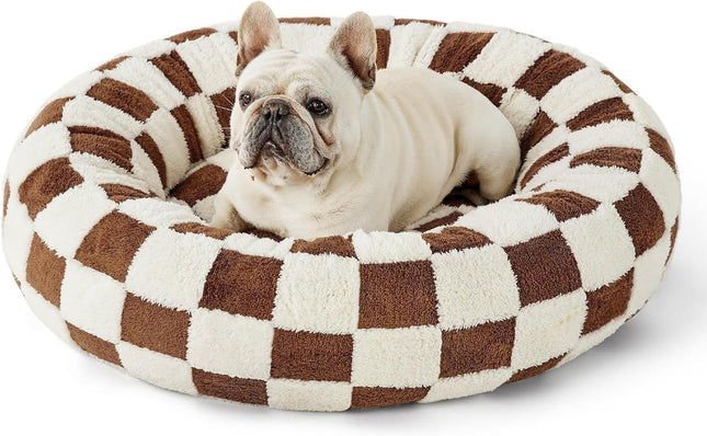50cm Round Pet Bed Brown & White Checkerboard (Season Comfort)