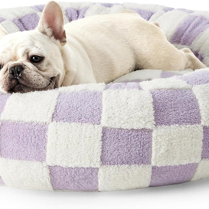 50cm Round Pet Bed Purple & White Checkerboard - Soft Plush Donut Cuddler for Small Dogs & Cats - Calming Anxiety Relief & All-Season Comfort