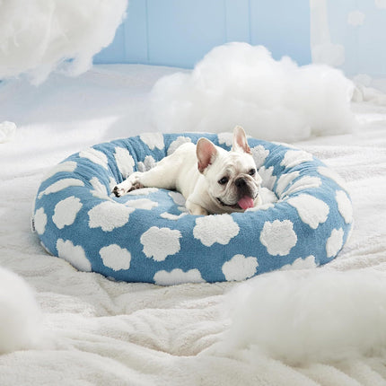 50cm Round Pet Bed Purple & White Checkerboard - Soft Plush Donut Cuddler for Small Dogs & Cats - Calming Anxiety Relief & All-Season Comfort