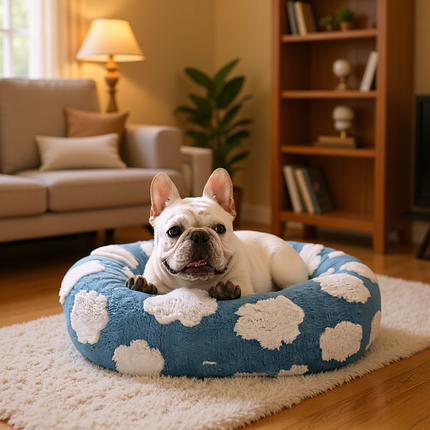 50cm Round Pet Bed Purple & White Checkerboard - Soft Plush Donut Cuddler for Small Dogs & Cats - Calming Anxiety Relief & All-Season Comfort