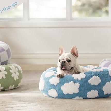 50cm Round Pet Bed Purple & White Checkerboard - Soft Plush Donut Cuddler for Small Dogs & Cats - Calming Anxiety Relief & All-Season Comfort