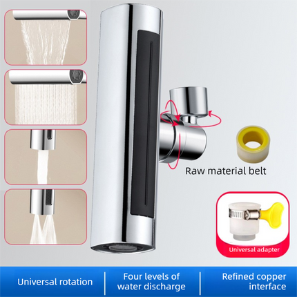Universal 4-Mode Kitchen Tap Extender Waterfall Flying Rain Effect 360 Swivel Faucet Aerator Nozzle with Alloy Cap and Adapters Anti-Splash Sink Attachment