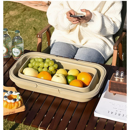 Collapsible Picnic Basket with Mini Table Lid Portable Folding Storage Crate with Cup Holders and Phone Stand Multi-Functional Outdoor Camping Sink Basin Khaki