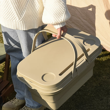 Collapsible Picnic Basket with Mini Table Lid Portable Folding Storage Crate with Cup Holders and Phone Stand Multi-Functional Outdoor Camping Sink Basin Khaki