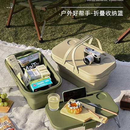 Collapsible Picnic Basket with Mini Table Lid Portable Folding Storage Crate with Cup Holders and Phone Stand Multi-Functional Outdoor Camping Sink Basin Grey