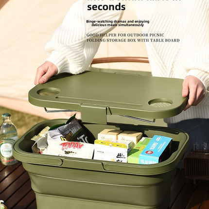 Collapsible Picnic Basket with Mini Table Lid Portable Folding Storage Crate with Cup Holders and Phone Stand Multi-Functional Outdoor Camping Sink Basin Grey