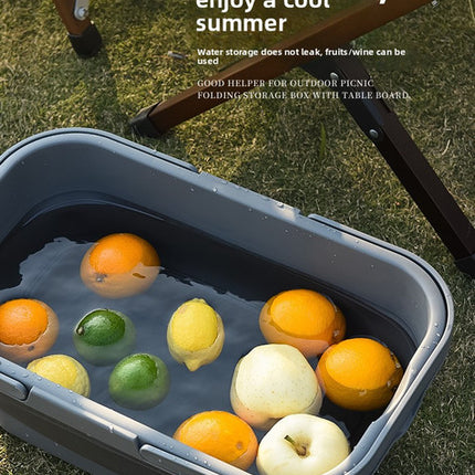 Collapsible Picnic Basket with Mini Table Lid Portable Folding Storage Crate with Cup Holders and Phone Stand Multi-Functional Outdoor Camping Sink Basin Grey