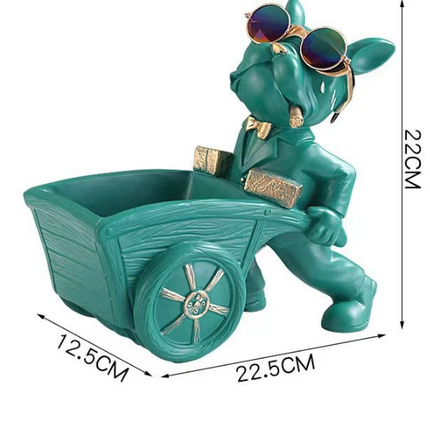 French Bulldog Pushing Wheelbarrow Storage Figurine Resin Statue Key Bowl Candy Dish Entryway Organiser Home Decor Gift Green