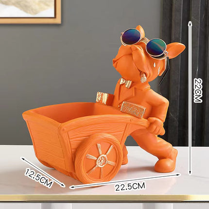 French Bulldog Pushing Wheelbarrow Storage Figurine Resin Statue Key Bowl Candy Dish Entryway Organiser Home Decor Gift Orange