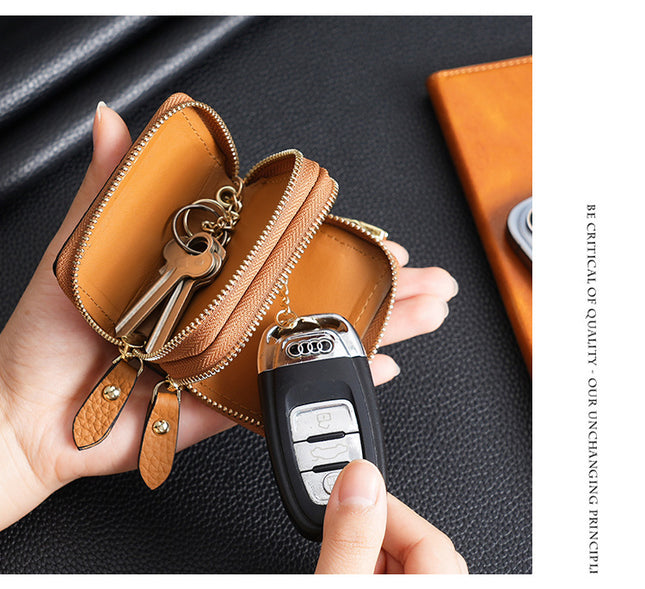 Genuine Leather Car Key Case Double Zipper Smart Key Fob Holder Wallet Remote Organiser Pouch with Hook Brown