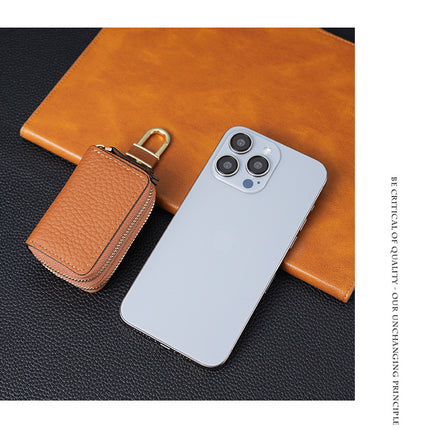 Genuine Leather Car Key Case Double Zipper Smart Key Fob Holder Wallet Remote Organiser Pouch with Hook Dark Blue