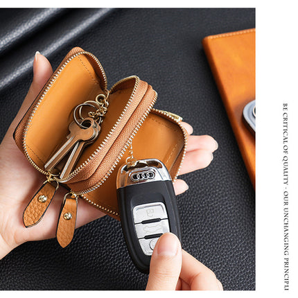 Genuine Leather Car Key Case Double Zipper Smart Key Fob Holder Wallet Remote Organiser Pouch with Hook Pink