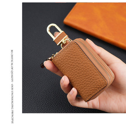 Genuine Leather Car Key Case Double Zipper Smart Key Fob Holder Wallet Remote Organiser Pouch with Hook Pink