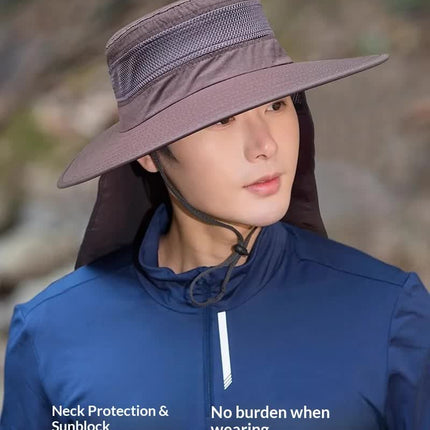 Wide Brim Sun Hat with Neck Flap UPF 50+ Protection Quick Dry Safari Cap Mesh Breathable for Fishing Gardening Hiking Outdoor Khaki