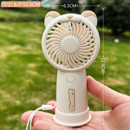 Mini Handheld Fan Rechargeable Portable Personal Cooling Device Cute Bear Design 3 Speed Adjustable with Stand Lanyard for Travel Kids Office Beige