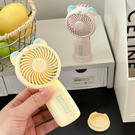Mini Handheld Fan Rechargeable Portable Personal Cooling Device Cute Bear Design 3 Speed Adjustable with Stand Lanyard for Travel Kids Office Beige