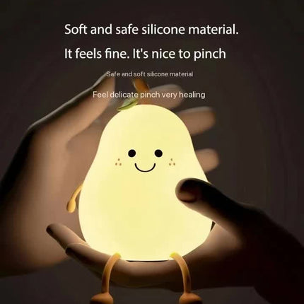Cute Pear Night Light Squishy Silicone Nursery Lamp Rechargeable LED Bedside Light with Timer 7 Colour Changing Tap Control for Kids Baby Bedroom Gift