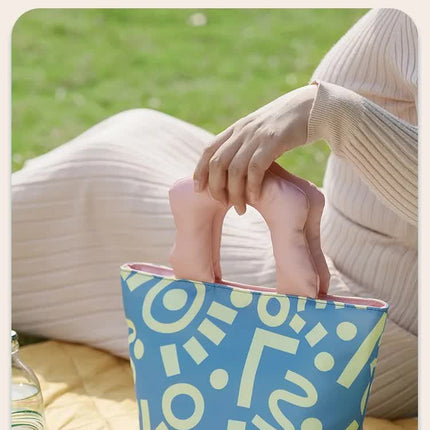 Insulated Lunch Bag Tote Fashion Graffiti Print with Soft Padded Handle Waterproof Thermal Cooler Bento Case for Work School and Picnics Blue with Pink Handle