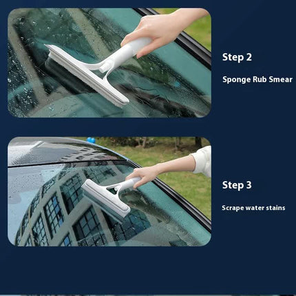 White 3-in-1 Window Squeegee with Built-in Spray Bottle - Dual Sided Sponge Glass Cleaner - Streak Free Tool for Shower Screens, Mirrors & Car Windows