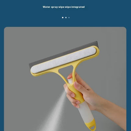 Blue 3-in-1 Window Squeegee with Built-in Spray Bottle - Dual Sided Sponge Glass Cleaner - Streak Free Tool for Shower Screens, Mirrors & Car Windows