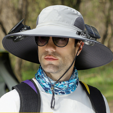 Light Grey Dual Solar Fan Hat with Rechargeable Battery