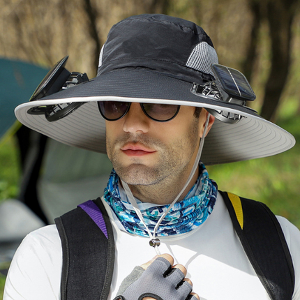 Black Dual Solar Fan Hat with Rechargeable Battery - Wide Brim UPF 50+ Sun Protection Bucket Hat for Fishing & Outdoor Work