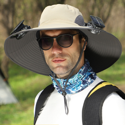 Khaki Dual Solar Fan Hat with Rechargeable Battery - Wide Brim UPF 50+ Sun Protection Bucket Hat for Fishing & Outdoor Work