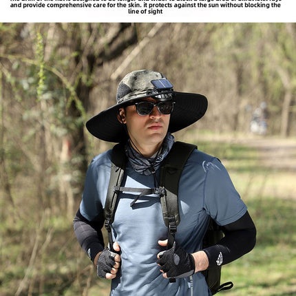 Khaki Dual Solar Fan Hat with Rechargeable Battery - Wide Brim UPF 50+ Sun Protection Bucket Hat for Fishing & Outdoor Work
