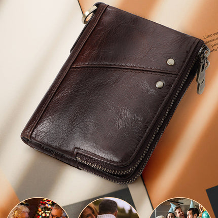 Genuine Leather Mens Wallet Double Zipper - RFID Blocking Bifold Card Holder with Coin Pocket - Vintage Brown Gift for Him