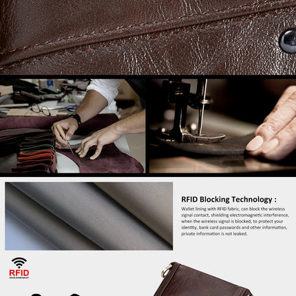Genuine Leather Mens Wallet Double Zipper - RFID Blocking Bifold Card Holder with Coin Pocket - Vintage Brown Gift for Him