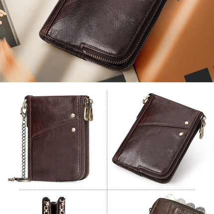 Genuine Leather Mens Wallet Double Zipper - RFID Blocking Bifold Card Holder with Coin Pocket - Vintage Brown Gift for Him