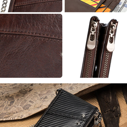 Genuine Leather Mens Wallet Double Zipper - RFID Blocking Bifold Card Holder with Coin Pocket - Red Gift for Him