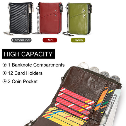 Genuine Leather Mens Wallet Double Zipper - RFID Blocking Bifold Card Holder with Coin Pocket - Green Gift for Him