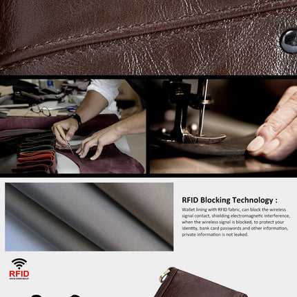 Genuine Leather Double Zipper Wallet - Brown RFID Blocking Bifold Card Holder - Vintage Cowhide Purse with Coin Pockets (13cm)