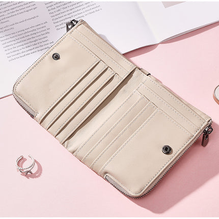 Genuine Leather Double Zipper Wallet - Beige RFID Blocking Bifold Card Holder - Vintage Cowhide Purse with Coin Pockets (13cm)