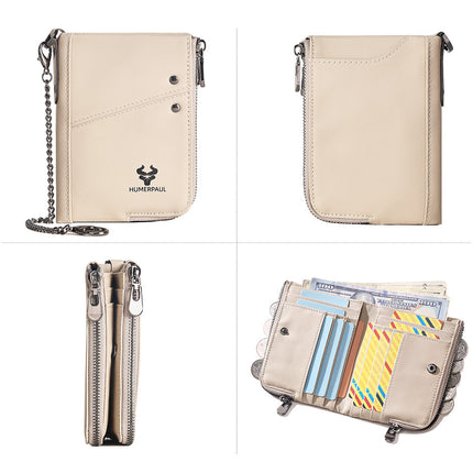 Genuine Leather Double Zipper Wallet - Beige RFID Blocking Bifold Card Holder - Vintage Cowhide Purse with Coin Pockets (13cm)