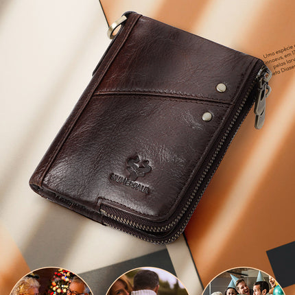 Genuine Leather Double Zipper Wallet - Green RFID Blocking Bifold Card Holder - Vintage Cowhide Purse with Coin Pockets (13cm)