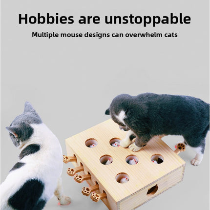 Interactive Wooden Cat Toy Whack-A-Mole Box - Solid Pine Puzzle Game with Pop-Up Plush Mice - Mental Enrichment & Bonding for Indoor Cats