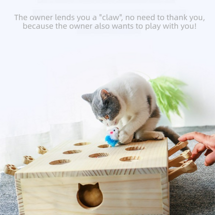 Interactive Wooden Cat Toy Whack-A-Mole Box - Solid Pine Puzzle Game with Pop-Up Plush Mice - Mental Enrichment & Bonding for Indoor Cats