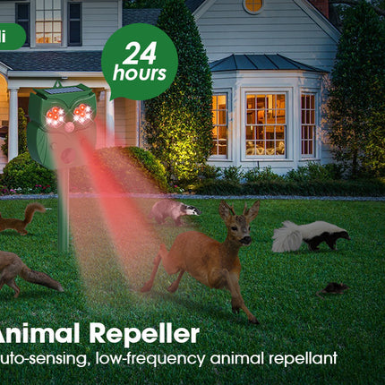 Solar Ultrasonic Animal Repeller - Owl Design with 14 LED Flashing Lights - Outdoor Motion Sensor Deterrent for Birds, Cats, Dogs & Rodents - 5 Adjustable Modes with USB Charging
