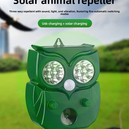 Solar Ultrasonic Animal Repeller - Owl Design with 14 LED Flashing Lights - Outdoor Motion Sensor Deterrent for Birds, Cats, Dogs & Rodents - 5 Adjustable Modes with USB Charging