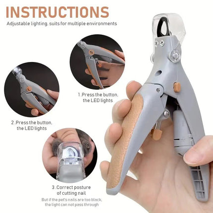 Illuminated Pet Nail Clippers with 5x Magnifier & LED Light - Professional Safety Claw Trimmer for Dogs & Cats - Non-Slip ABS Handle with Nail Catcher - Grey
