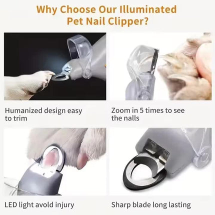 Illuminated Pet Nail Clippers with 5x Magnifier & LED Light - Professional Safety Claw Trimmer for Dogs & Cats - Non-Slip ABS Handle with Nail Catcher - Grey