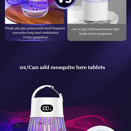 2-in-1 Rechargeable Mosquito Zapper & Camping Lantern - 2000V Electric Insect Killer with Smart Digital Display - 2000mAh Battery Portable Bug Trap for Outdoor Tent Patio & Home - IPX5 Waterproof - White