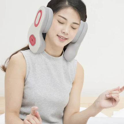 Smart 4-in-1 Travel Neck Pillow with ANC Headphones - Heated Vibration Massage & Bluetooth Audio - Memory Foam Support for Planes & Home - Beige
